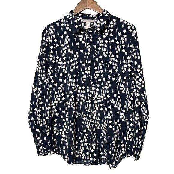 H&M Women’s Blouse Button Down Size 12 Dark Blue Patterned - Picture 1 of 8